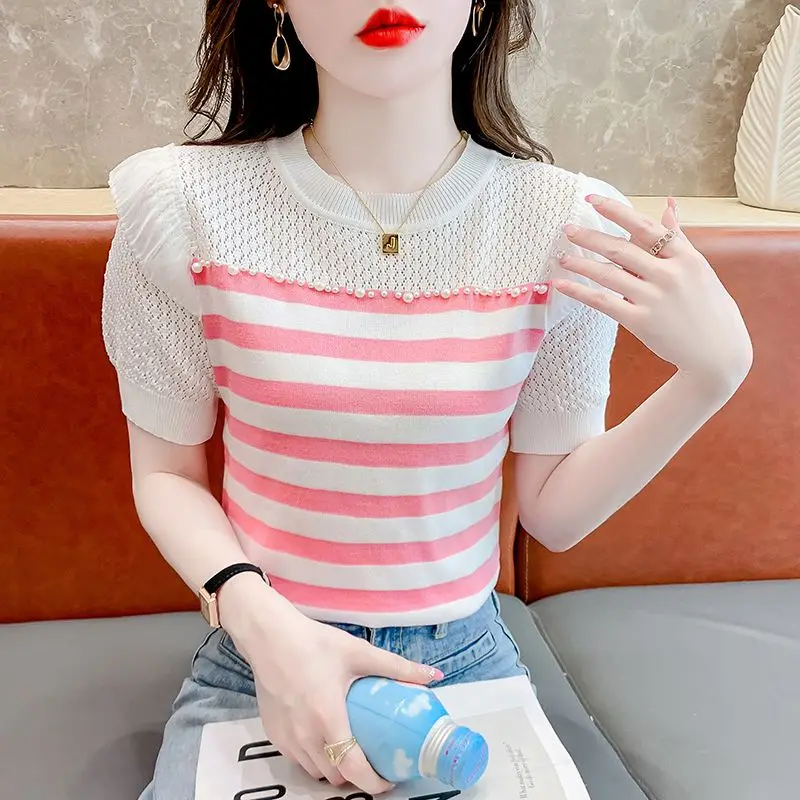 Women's Summer Fashion Elegant Simplicity Striped O-neck Short Sleeve T-Shirt Women Clothes All-match Temperament Casual Tops