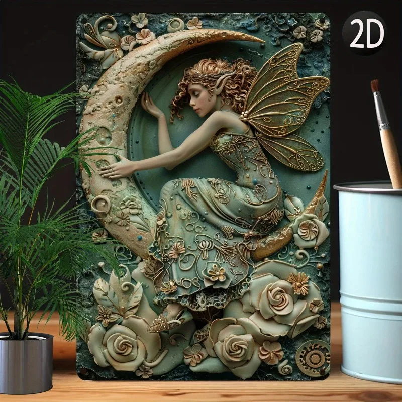 Vintage Aluminum Metal Sign: Fairy and Moon Decor, Higher Bending Resistance for Club Cafe Bar, Personalized, 2D Flat