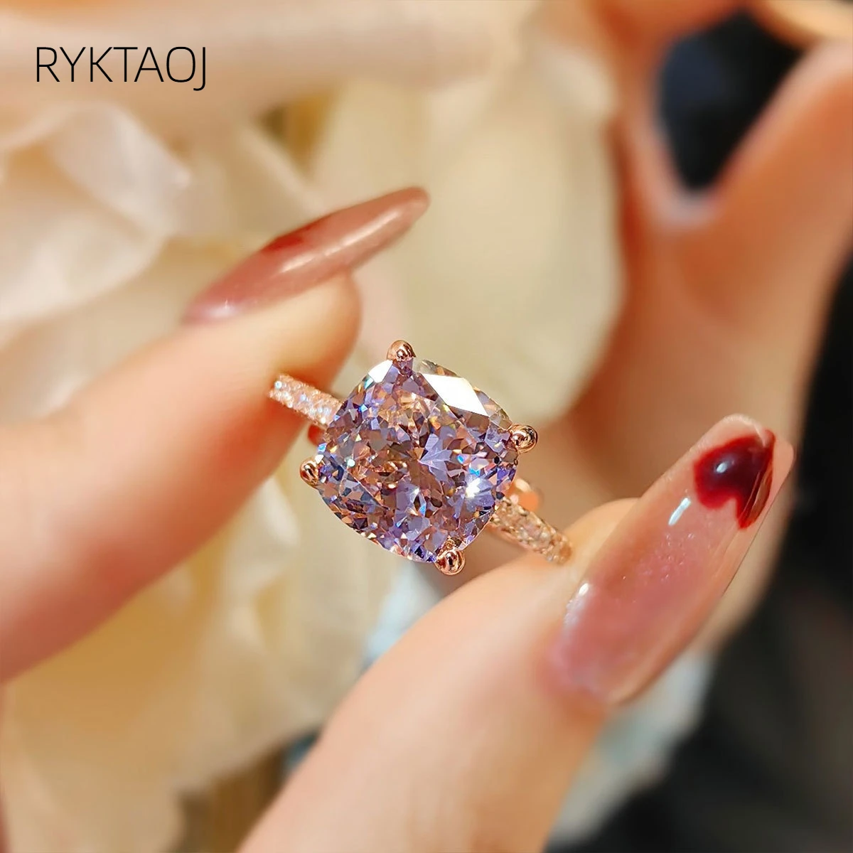 925 Sterling Silver Women Ring Cushion Cut Colorful Cubic Zirconia Rings Luxury Wedding Fine Jewelry Birthday Gift for Ladies