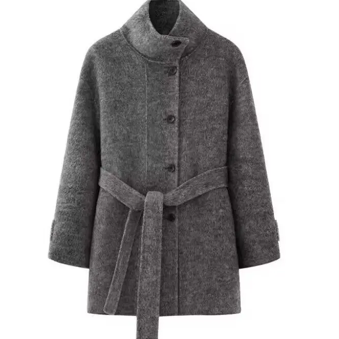 Short, Double-sided Fleece, High-end Woolen Coat for Slimming in Autumn and Winter, Women's Stand-up Collar, Petite Woolen Coat.