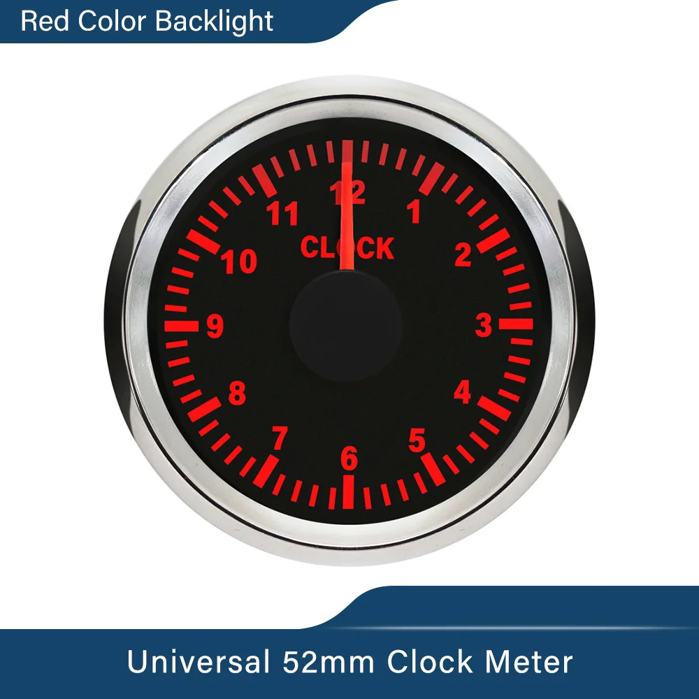 52mm 2" Clock Meter Gauge 12-Hour Format with Red Backlight 12V/24V Car Boat Clock Waterproof