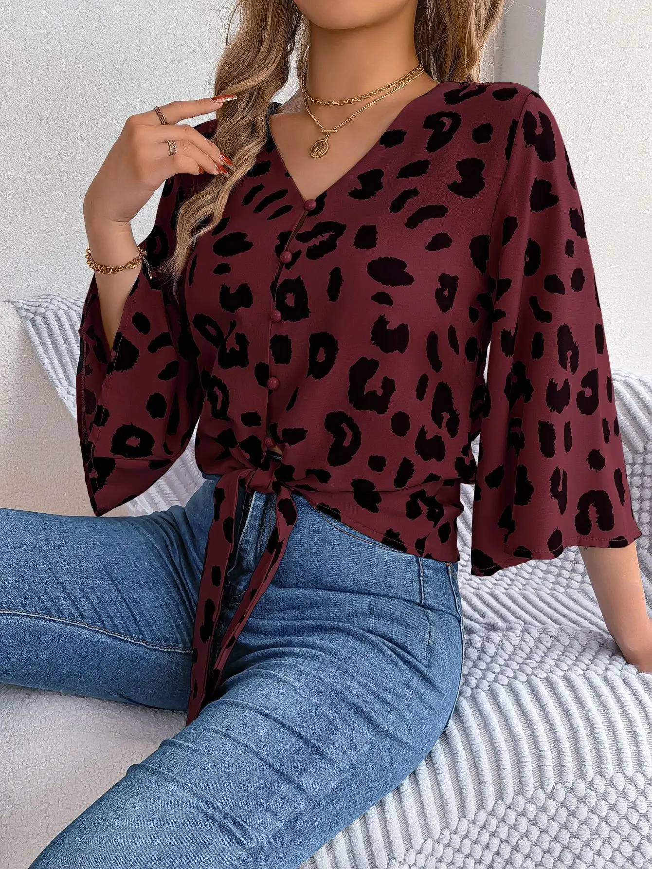 Spring Summer Casual Leopard Print Middle Sleeve Tie Bow Top Women Button Shirt