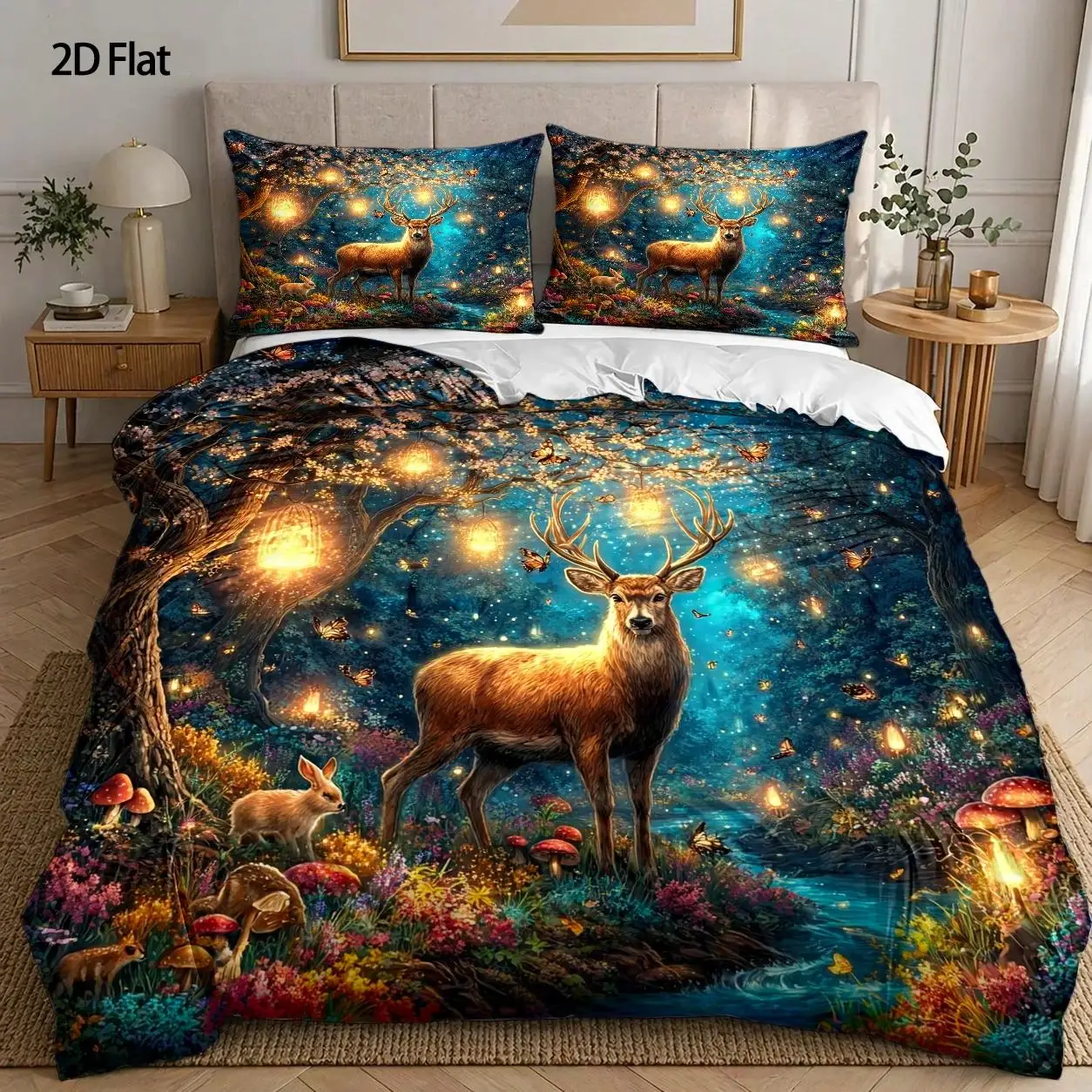 3Pcs Christmas Dreamy Reindeer Duvet Cover Set with 1Pc Duvet Cover and 2Pcs Pillowcases Bedding Accessories Quilt Cover