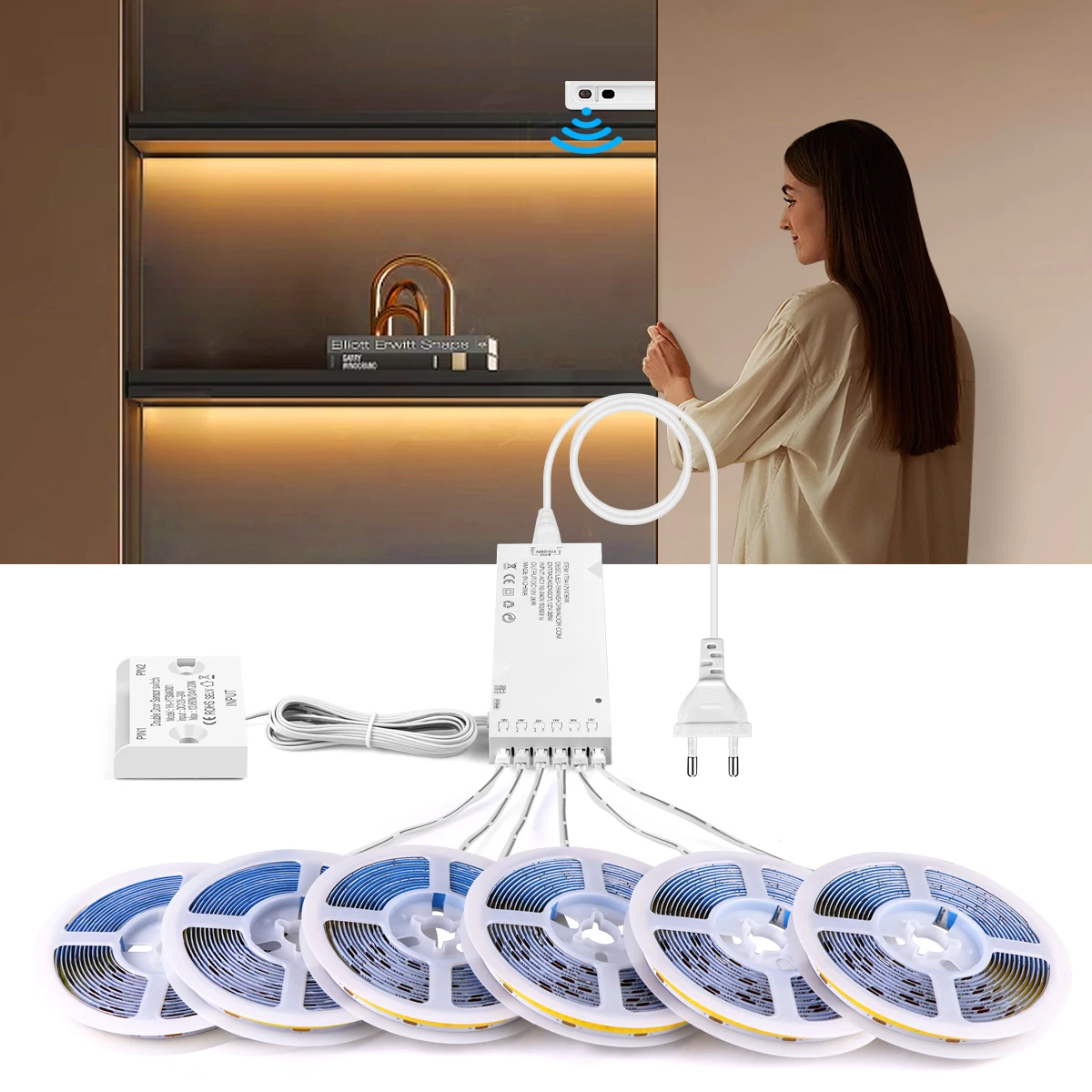Door Motion Sensor COB LED Strip Light 12V,Self-Adhesive Led Tape Light,for Cabinet/Wardrobe/Showcase/Wine Cellar/Shelf Lighting
