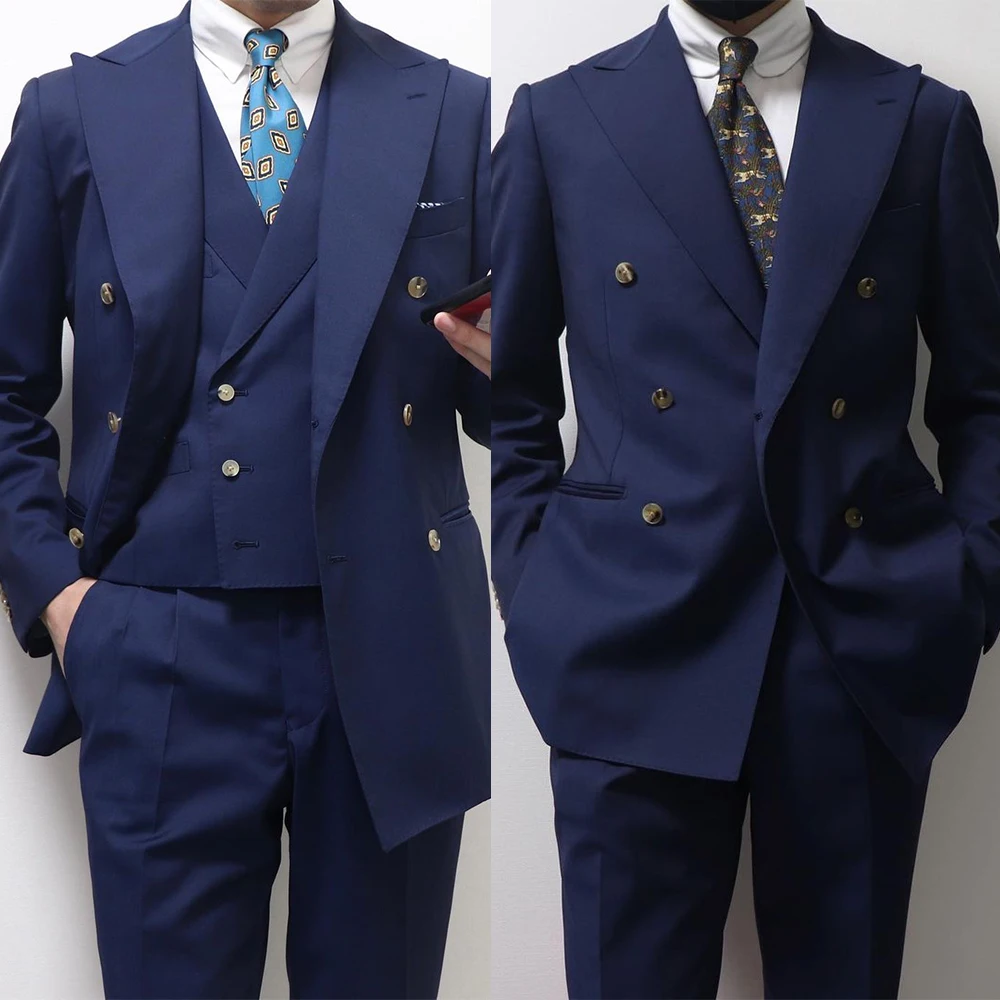 

Dark Blue Men Suit 2 Pieces Slim Tailor-Made Fashion Double Breasted Blazer Pants Formal Wedding Business Prom Causal Tailored