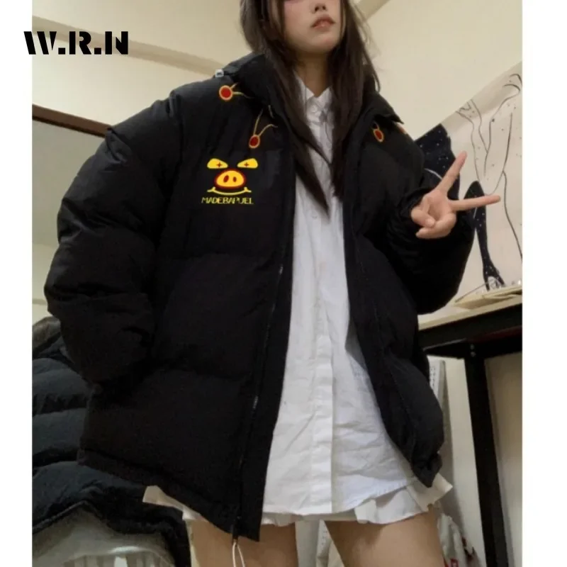 2024 Winter Koreanische Casual Y2K Einzelnen Parkas Drucken Zipper Jacke mit Hörnern Für Frauen Oberbekleidung Mode Warme Starke Mit Kapuze Mantel