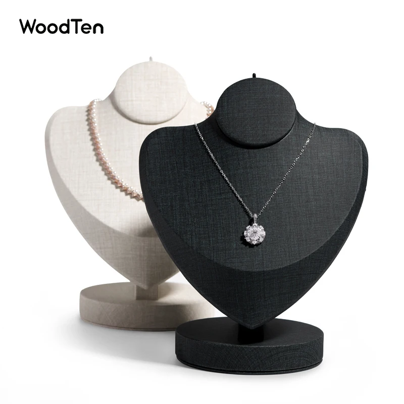 WoodTen Jewelry Display Stand for Necklace Pendant Jewelry Accessories with Beige Dark Grey PU Leather Jewelry Showing Shelf