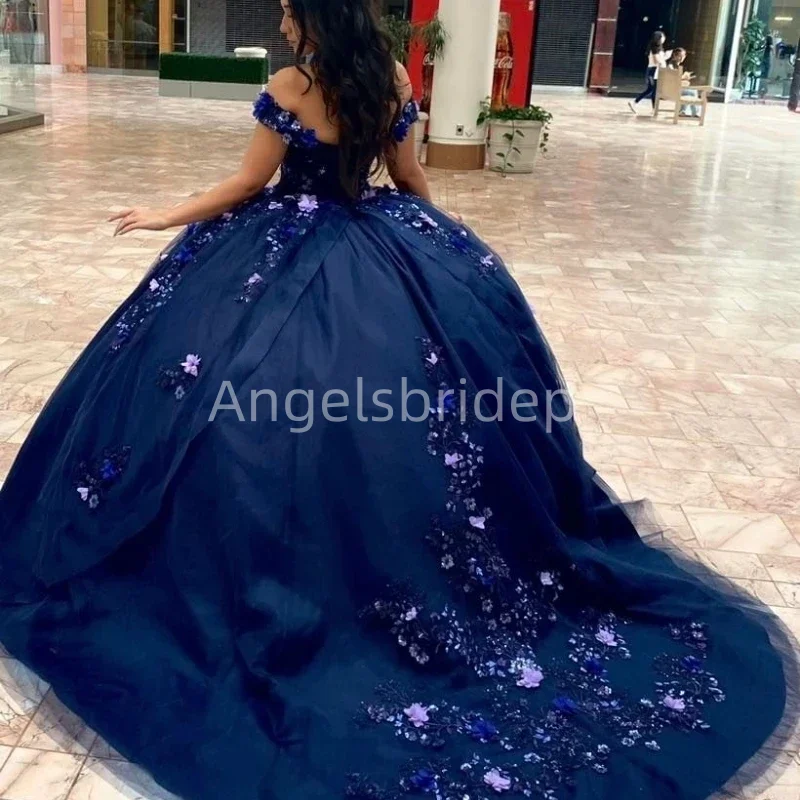 Angelsbride Navy Blue Off The Shoulder Ball Gown Quinceanera Dresses 3D Appliques Birthday Sweet 16 Dress Vestidos De Fiesta