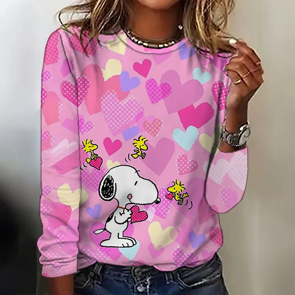 2024 New Women\'s Round Neck Long Sleeve T-shirt Snoopy Printed Casual Elegant Women\'s Long T Street Clothing