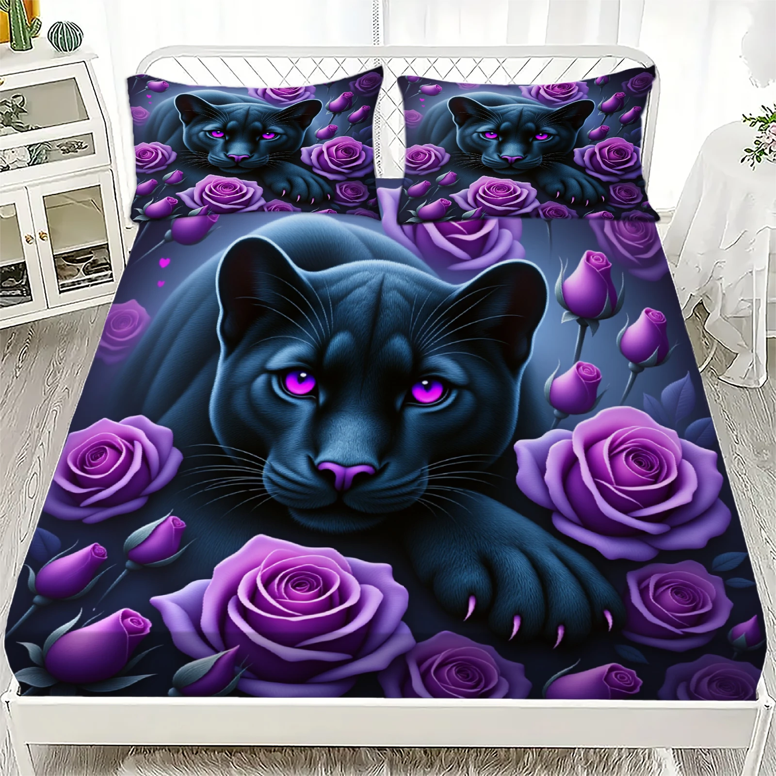 

3pcs Fitted Sheet Set Panther And Purple Roses 3D Printed Anti-Slip Easy Care Bed Sheet With Pillowcases For Bedroom Decor