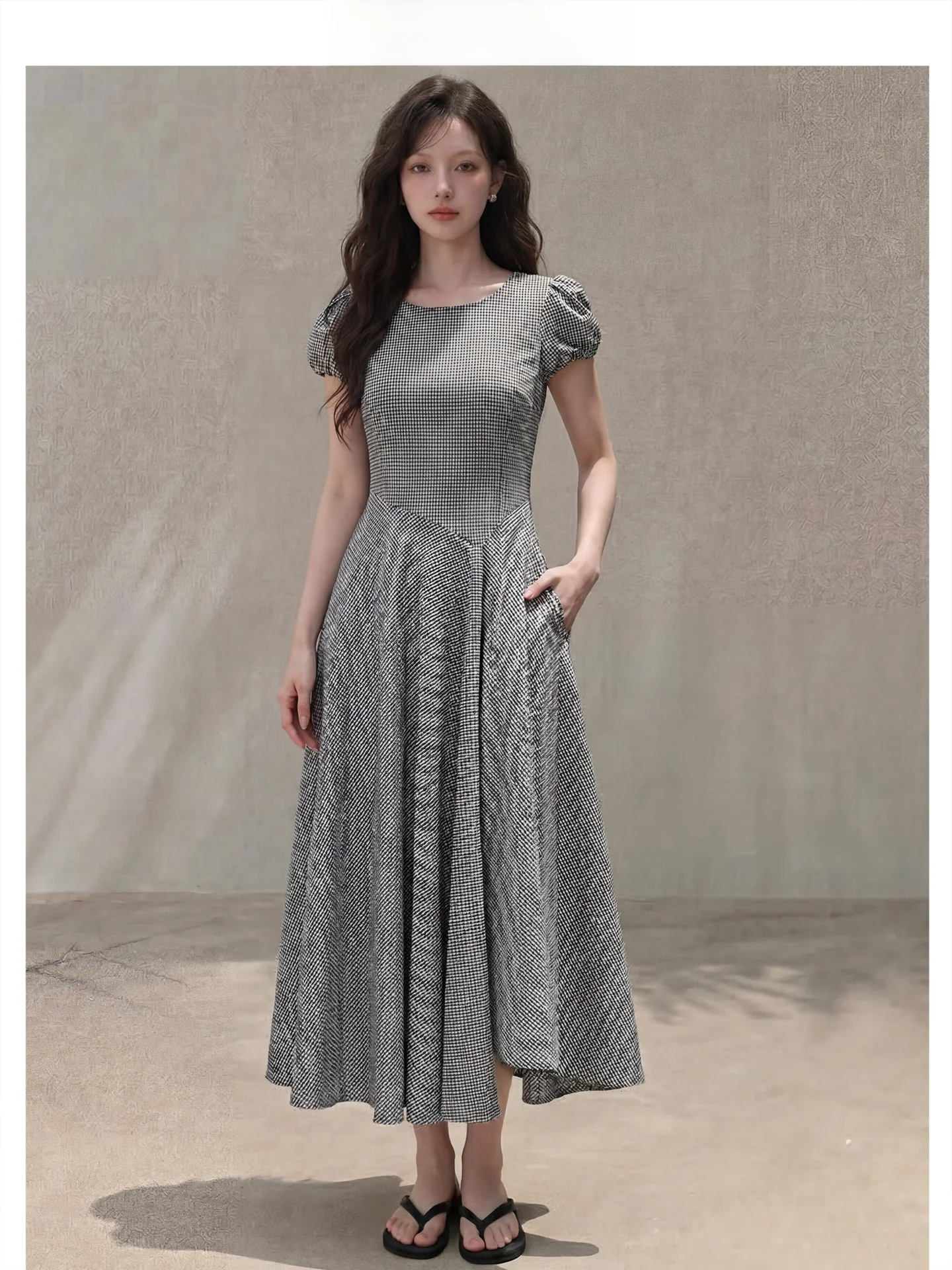 Vestido de manga corta con cuello redondo y cintura ajustada de Forever 21 para mujer, estilo delicado, con mangas abullonadas, falda larga de corte A, moda de verano