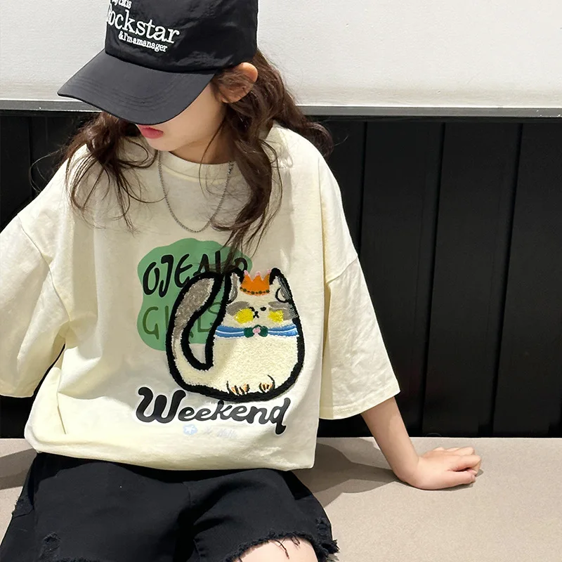 2024 Korean Summer School Girl Loose Tees Teenager Girl Cartoon Cat Bottoming Shirt Junior Girl Casual Short Sleeve Tops