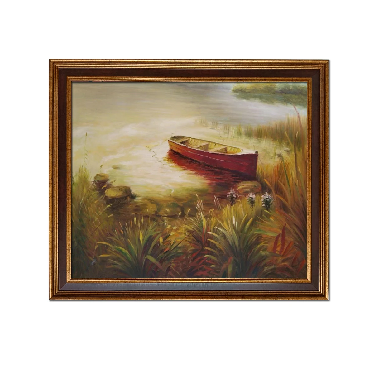 

Golden Framed-High Quality Handpainted Oil Painting on Canvas Classical Lake Boat Landscape IMPRESSIONISM Wall Art-20x24inch