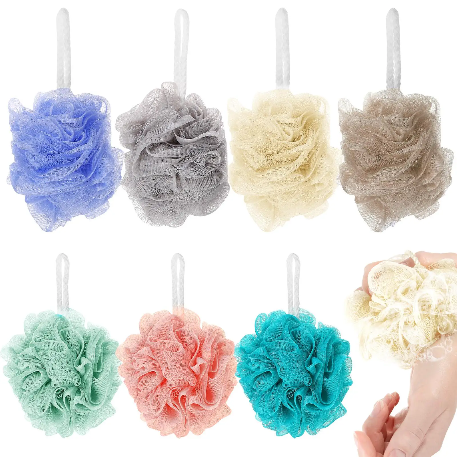

7 Pcs Bath Ball Shower Loofah Various Colors Green Rice Blue Pink Gray Coffee Grass Firm Strong Densely Foaming Scrubber