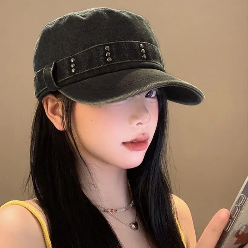 Washed Denim Rivet Flat Top Duckbill Hat for Women Autumn Winter Retro Face Enhancing Small Beret Big Head Circumference