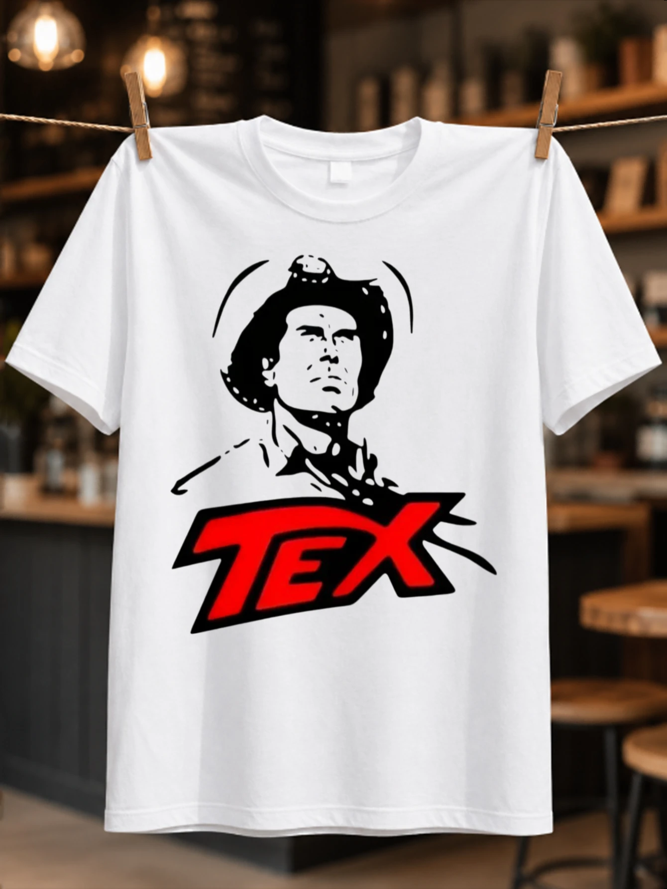 Tex Cowboy Portrait  and red western logo with stoic illustration bold comic frontier energy Unisex  Unisex All T-Shirt
