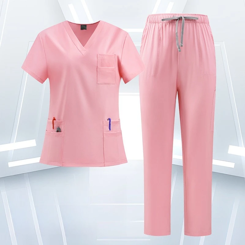 Neutral V Neck Multi Pocket Stretch Scrubs Set Drawstring Straight Pants Nurse Uniform Medical Dental Spa Lab Workwear Top&Pants