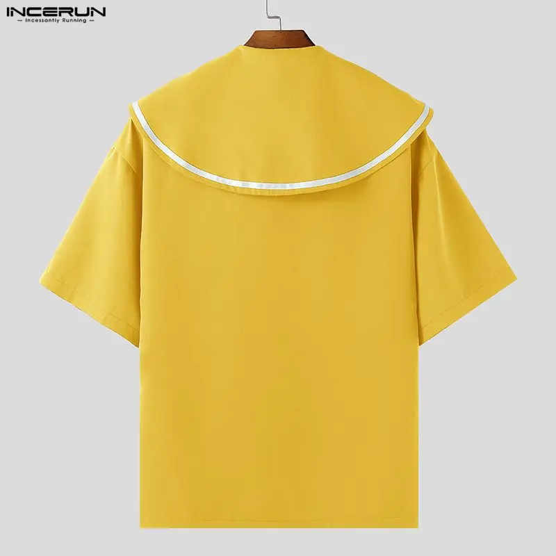 INCERUN Kemeja Pria Patchwork Kerah Biru Laut Lengan Pendek Longgar Atasan Pria Pakaian Jalanan Musim Panas Gaya Korea Fashion Pakaian Pria Kasual