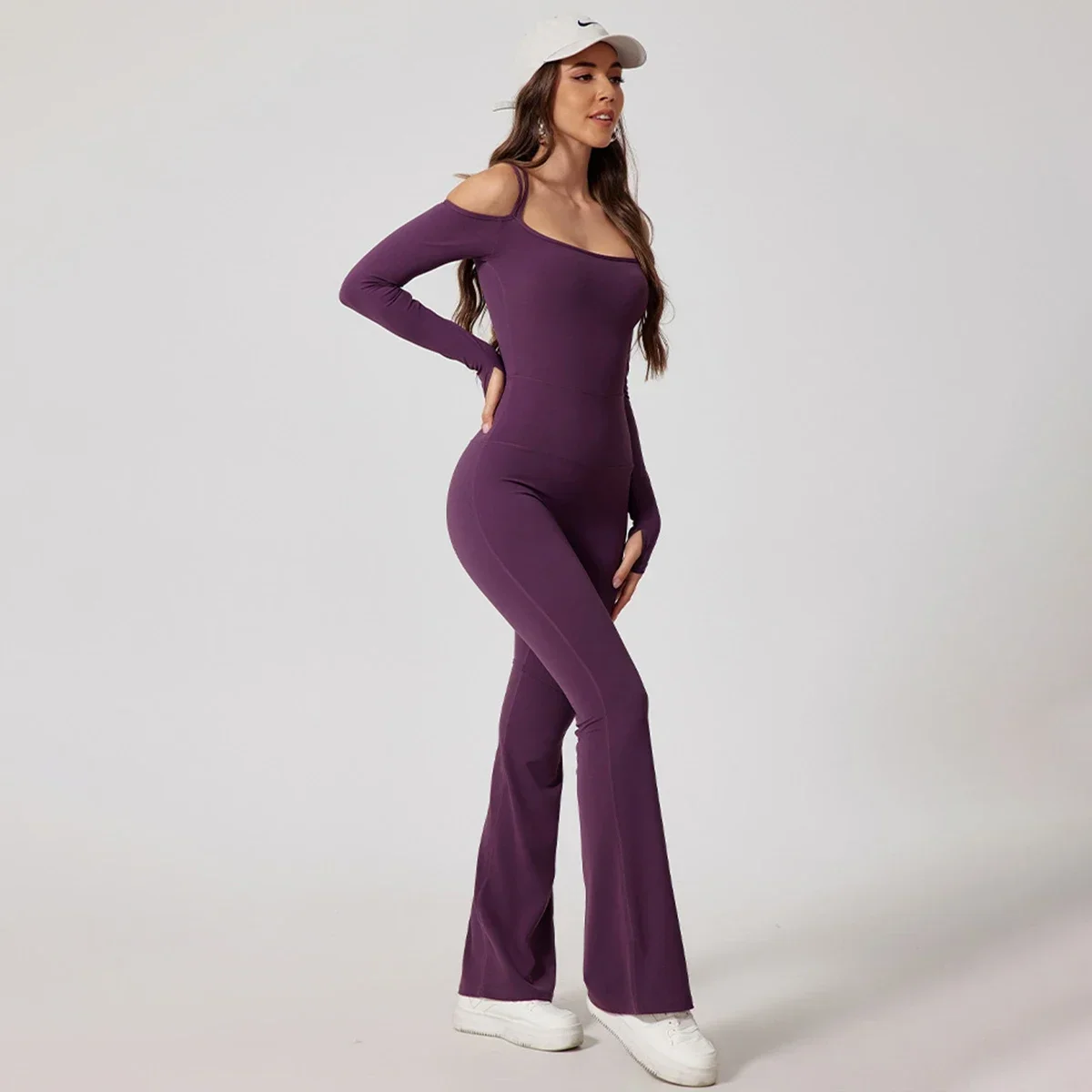 Sexy One-shoulder New Jumpsuit Beautiful Back Strapless Double Straps Long Sleeve Flared Pants Gym Workout Quick Dry Sportswear