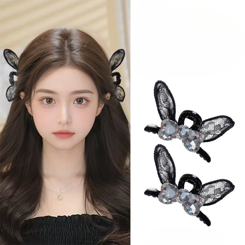 

Rhinestone Bow Hair Claw Princess Head Lace Mesh Bow Hair Grab Clip Sweet Cute Rabbit Ear Bangs Side Clip Headband Accessories