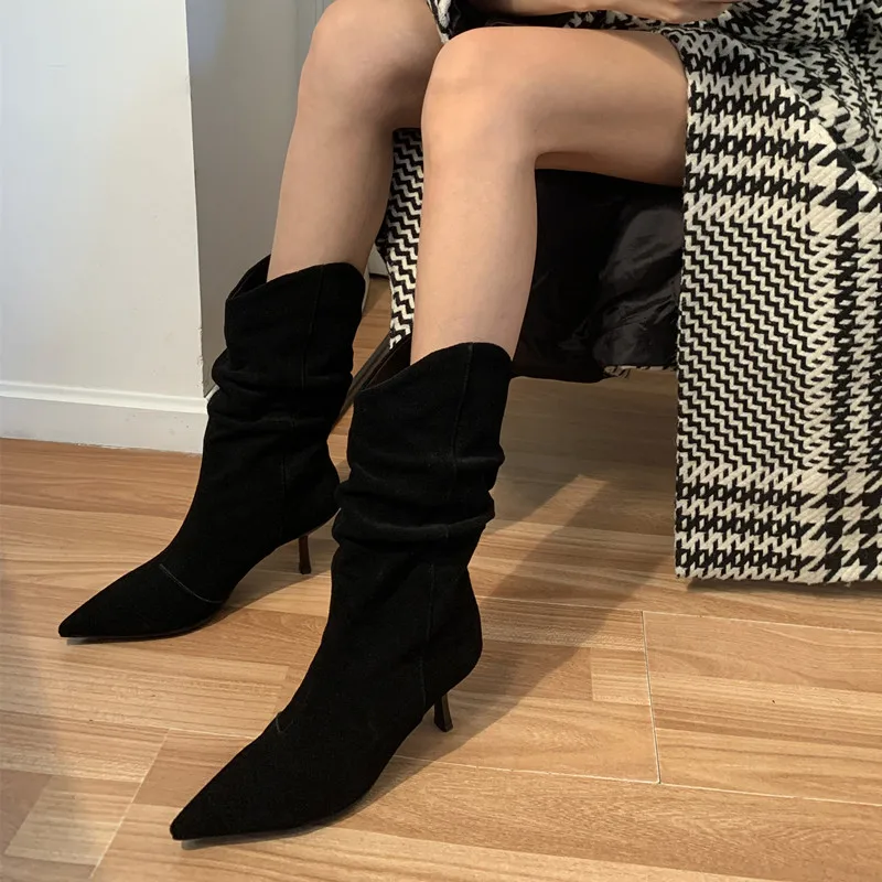 Slip On High Heel 6.5 CM Women Simple Shoes Korea Style botas Cow Suede Ankle Boots Pointed Toe Winter Shoes Woman Modern Boots