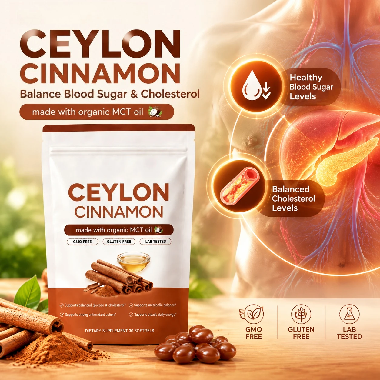 Ceylon Cinnamon Softgels Supports Balanced Glucose & Cholesterol Promote Metabolic Balance & Antioxidant MCT Oil 30 Softgels