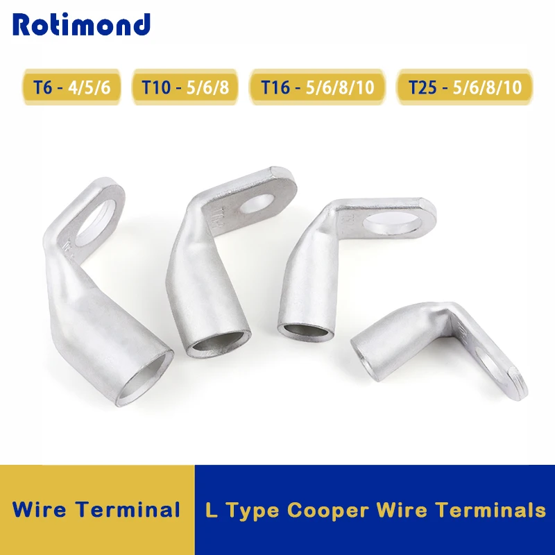 Wire Terminal L-type Right Angle 90 Degree Bend Nose T6/10/16/25-4/6/8/10 Tinned Copper Crimp Connector Cable Lugs