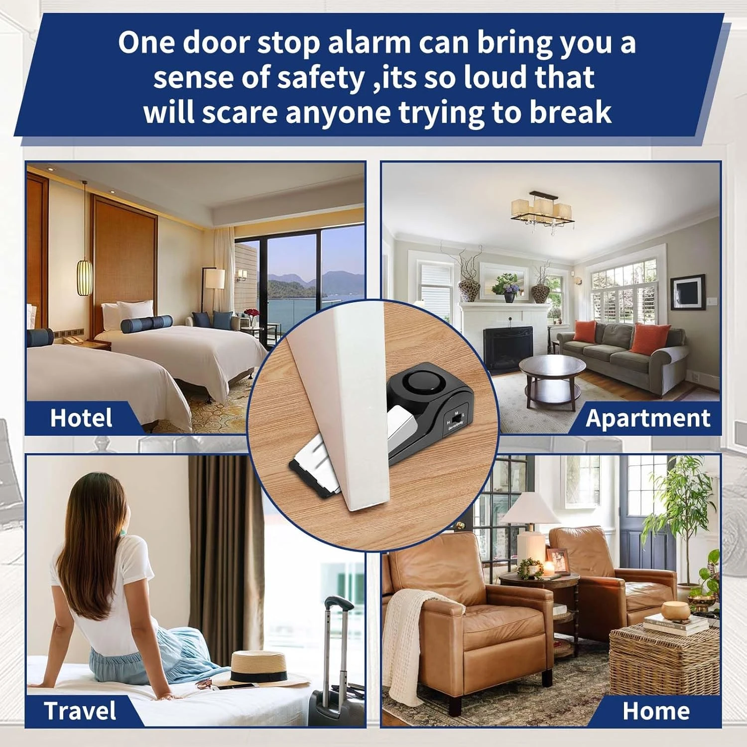 إنذار إيقاف الباب مطور، مع إنذار أمان 120 ديسيبل، وأمان الباب للسفر، والفندق والشقة (أسود) (عبوة من قطعتين)