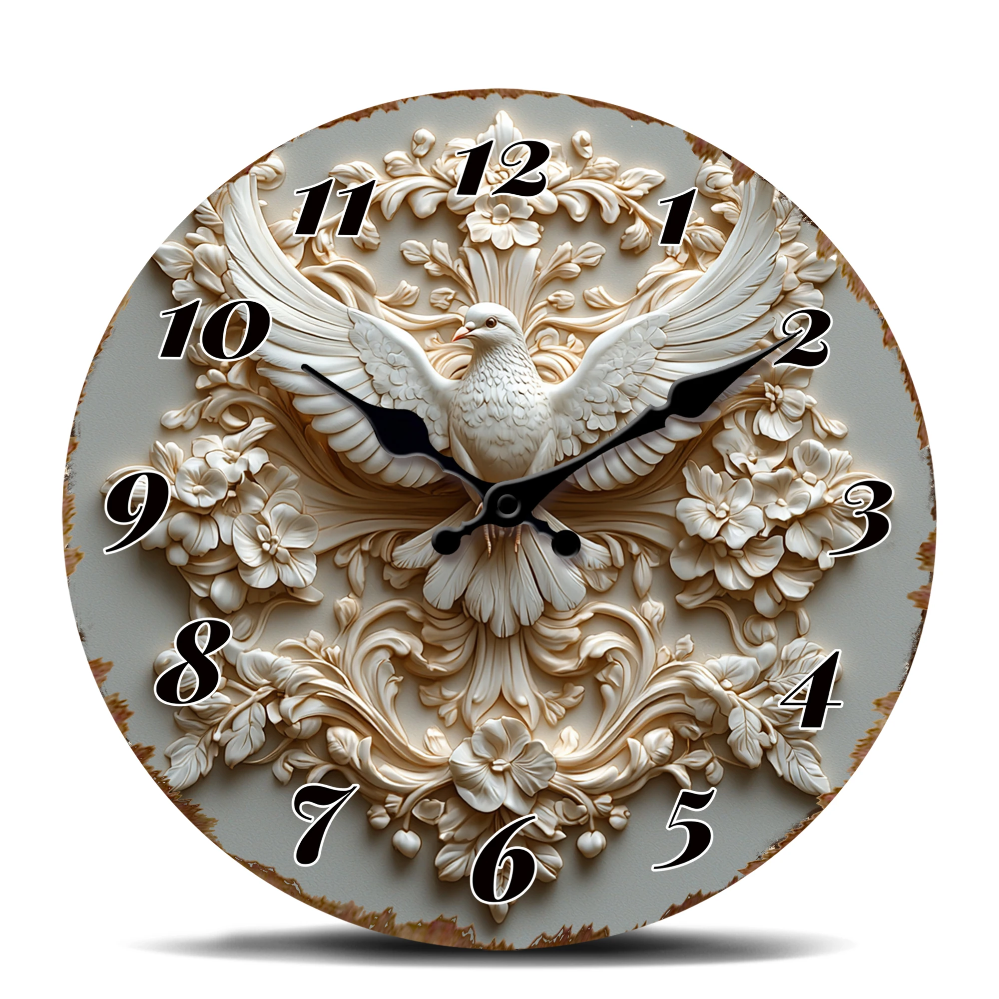 Baroque-Style Dove with Floral Wreath Round Wall Clock, Ornate Vintage Decorative Timepiece, Elegant Clock for Classic Home Deco