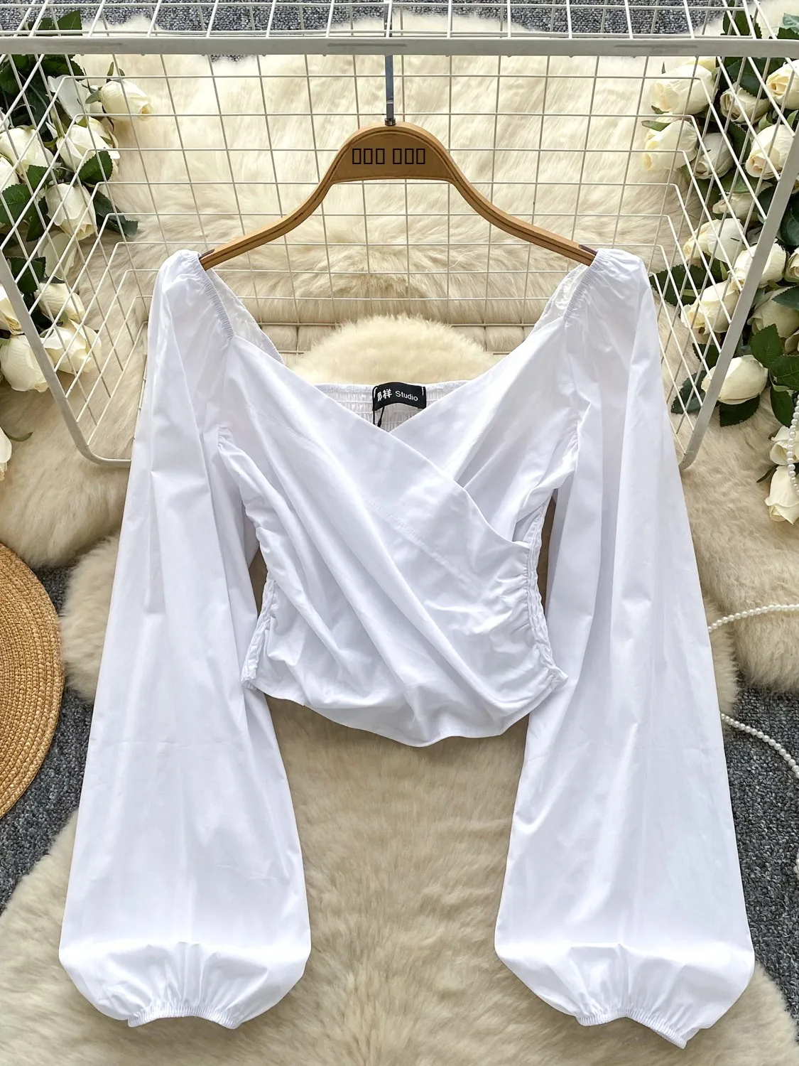 Ele One-Soulder Bubble-Slee Top Damen Cross-Ne Leicht Herbst Faionable Atmungsaktive Polyesterfaser Lange S...