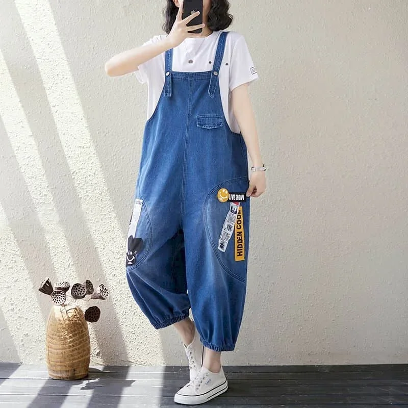 DENIM Jumpsuits ผู้หญิง Patchwork Streetwear Harem กางเกง VINTAGE One Piece ชุดเสื้อผ้าผู้หญิง High Street หลวมสบายๆ Romper