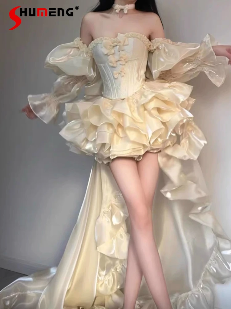 

Sweet Flower Wedding Dress Girl's Slim Elegant Tub Top + Shorts Long Trailing Set Bar Mitzvah Anniversary Lolita Evening Dress