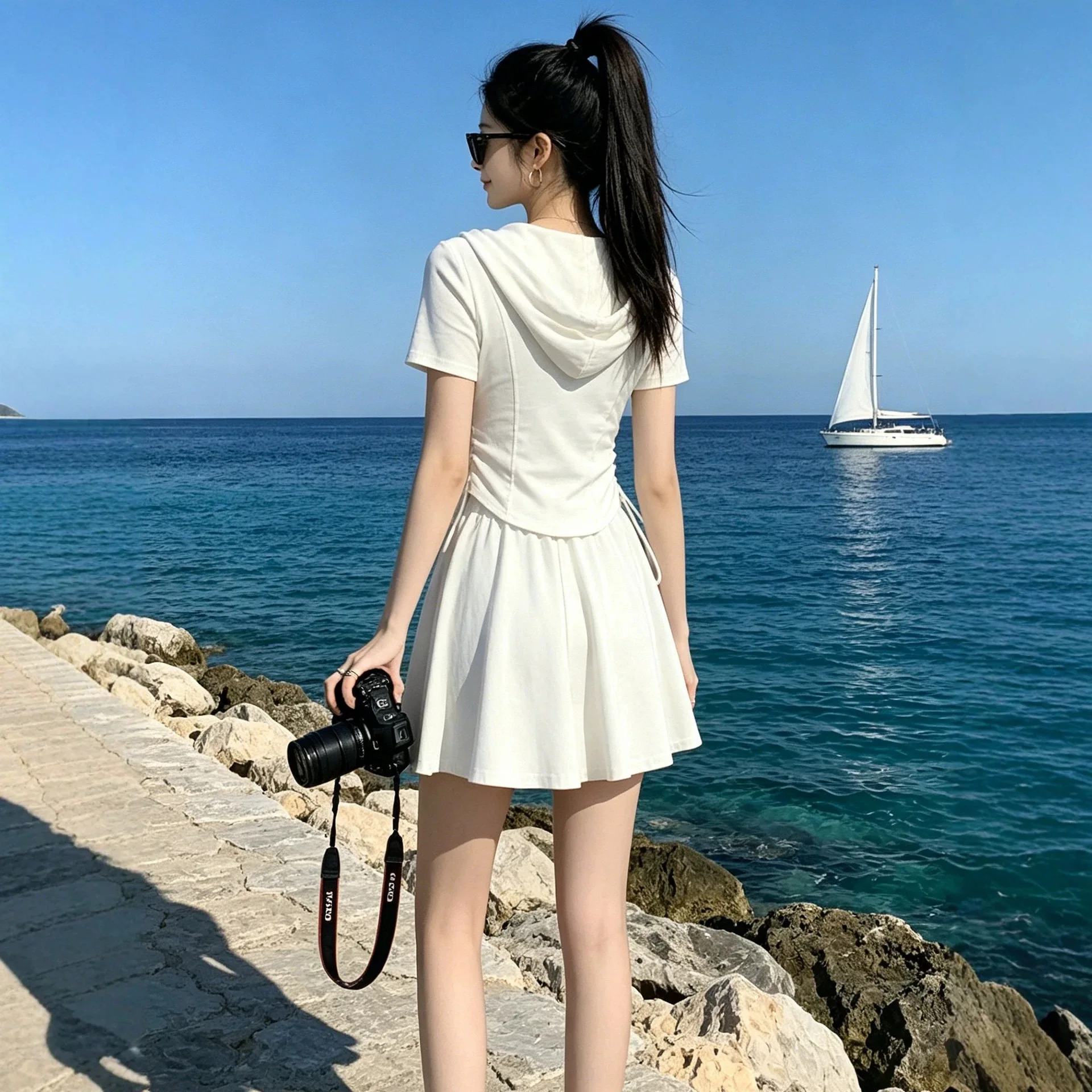 Korean Style Casual Cute Short Sleeve Hoodie Skirt Set Women's Slimming Waist Cinched Summer Sporty Mini Skirt Pants Two Piec...
