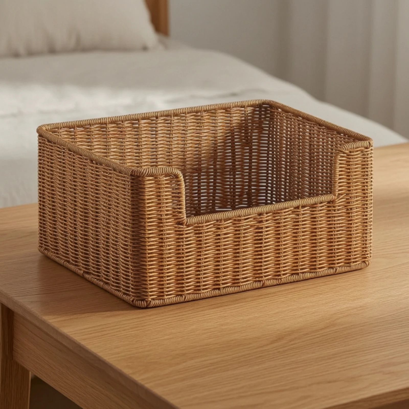 Imitation Rattan Basket Easy to Clean Basket with Low Front Plastic Wicker Organizer Washable Rectangular for Shelves, Closet