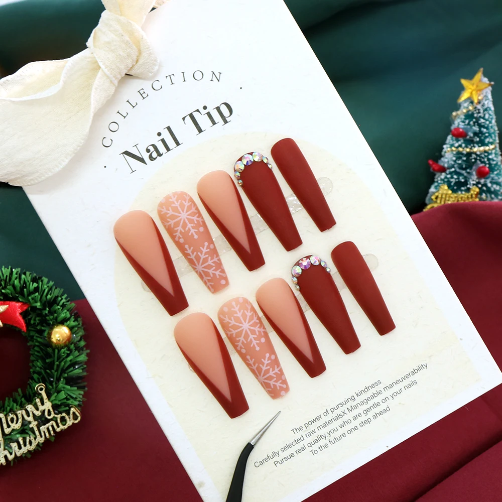 24szt Red Christmas Long Coffin Fałszywe paznokcie Snowflake Rhinestones Press on Fake Nails Full Cover Wearable Xmas French Fake Nails*