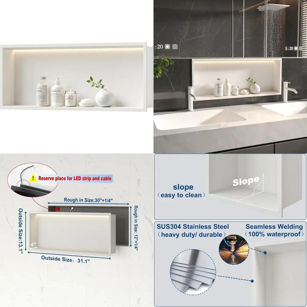 

White 30x12 Inch LED Shower Niche, Stainless Steel Recessed Wall Unit for Bathroom, No Tile Required