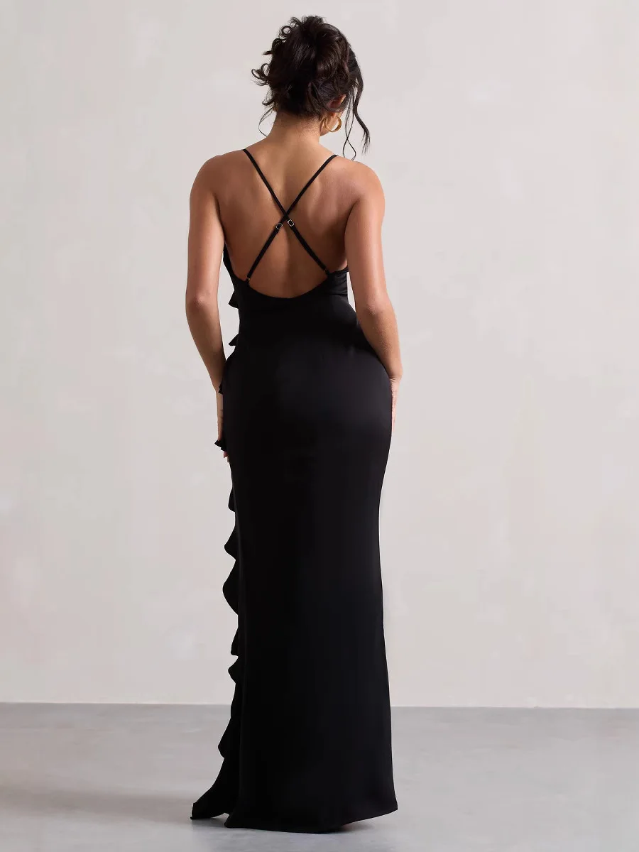 Elegant V-neck Sleeveless Long Tube Dress for Women Chic Ruffle Draped Side Split Summer Party Robe 2025 Style Female Fashion