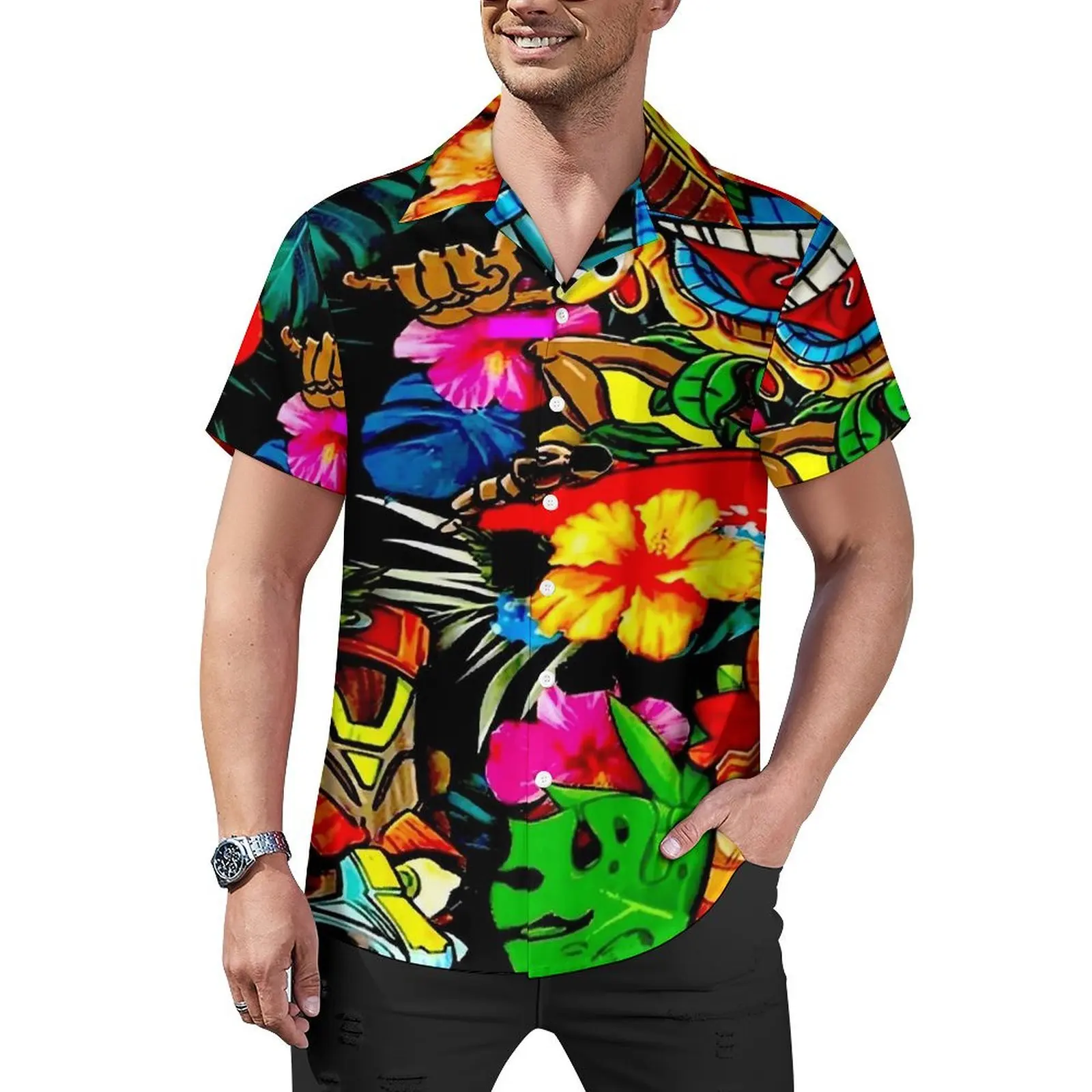 

Tropical Tiki Mask Beach Shirt Male Vintage Whimsical Print Casual Shirts Hawaiian Short Sleeve Streetwear Plus Size Blouses