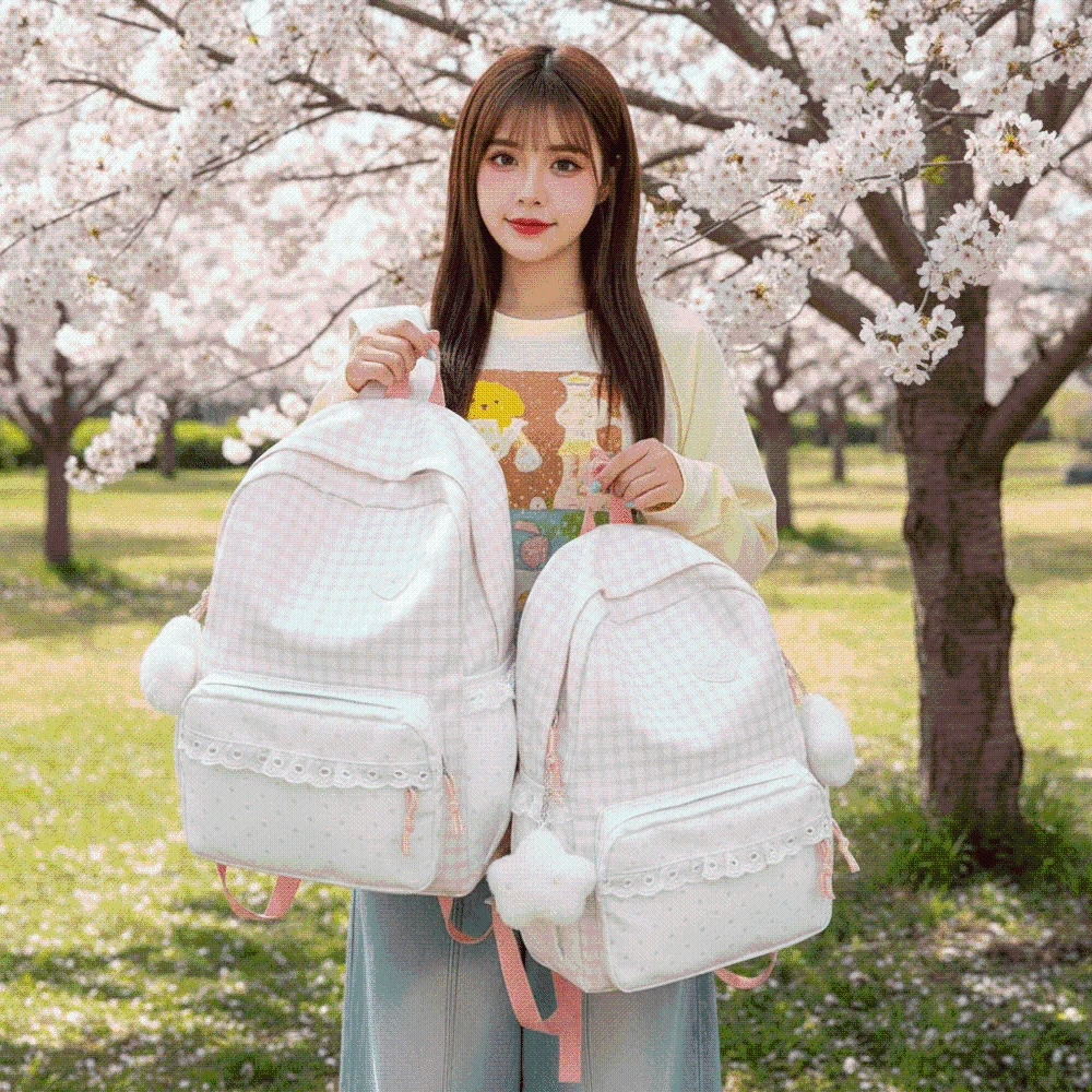 Korean Style Gingham Backpack Ruffle Design Pastel Colors Lace Schoolbag Heart Embroidery Adjustable Straps Plaid Daypack