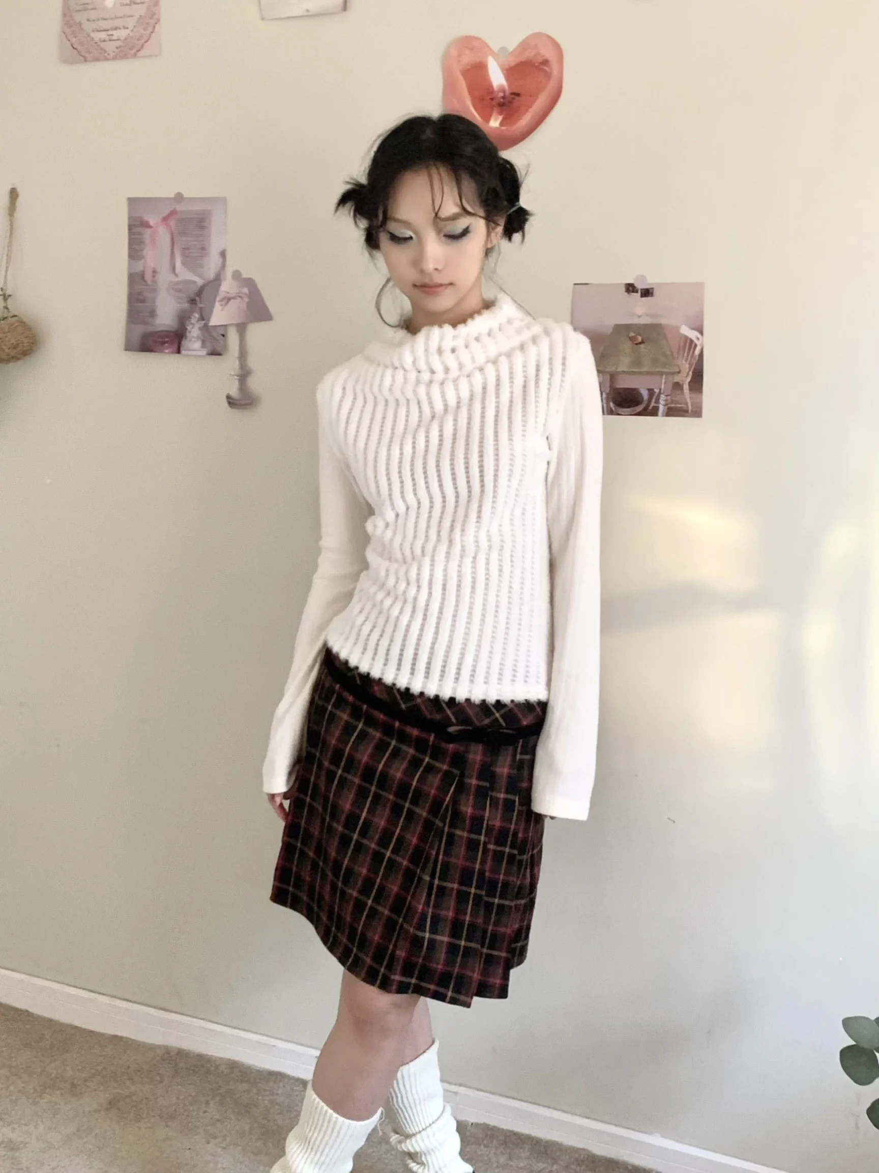 

Slim Fit Knitted Base irt with Small Flounce Collar Imitation Rabbit Fur Top f High round Ne Long Sve Winter Faion