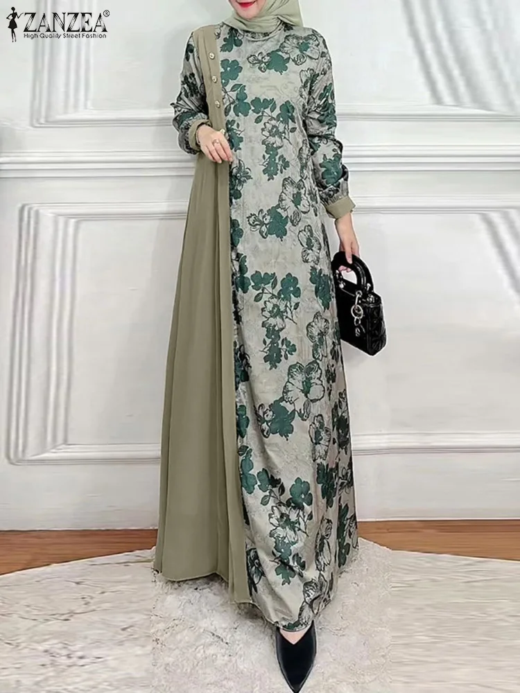 ZANZEA Floral Print Patchwork O Neck Robes Women Elegant Long Sleeve Muslim Fashion Long Dresses Loose Islamic Abaya Vestidos