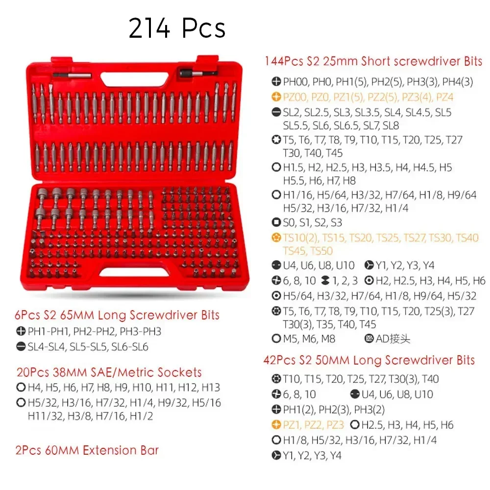 S2/Cr-V Steel SAE Metric Torx Screwdriver Set 208/ 214Pcs Security Bit Set Phillips Slotted Hex Square Sturdy and Durable Tool