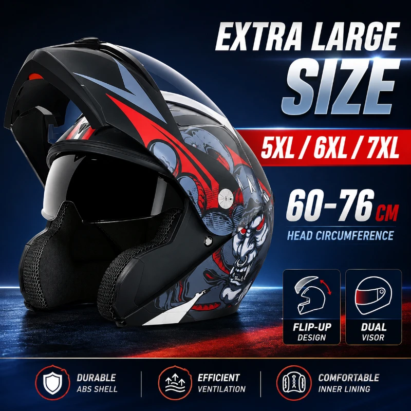 Extra Large Flip Up Motorcycle Helmet 5XL 6XL 7XL Dual Visor Full Face Moto Helmet for 60-76CM Head Circumference