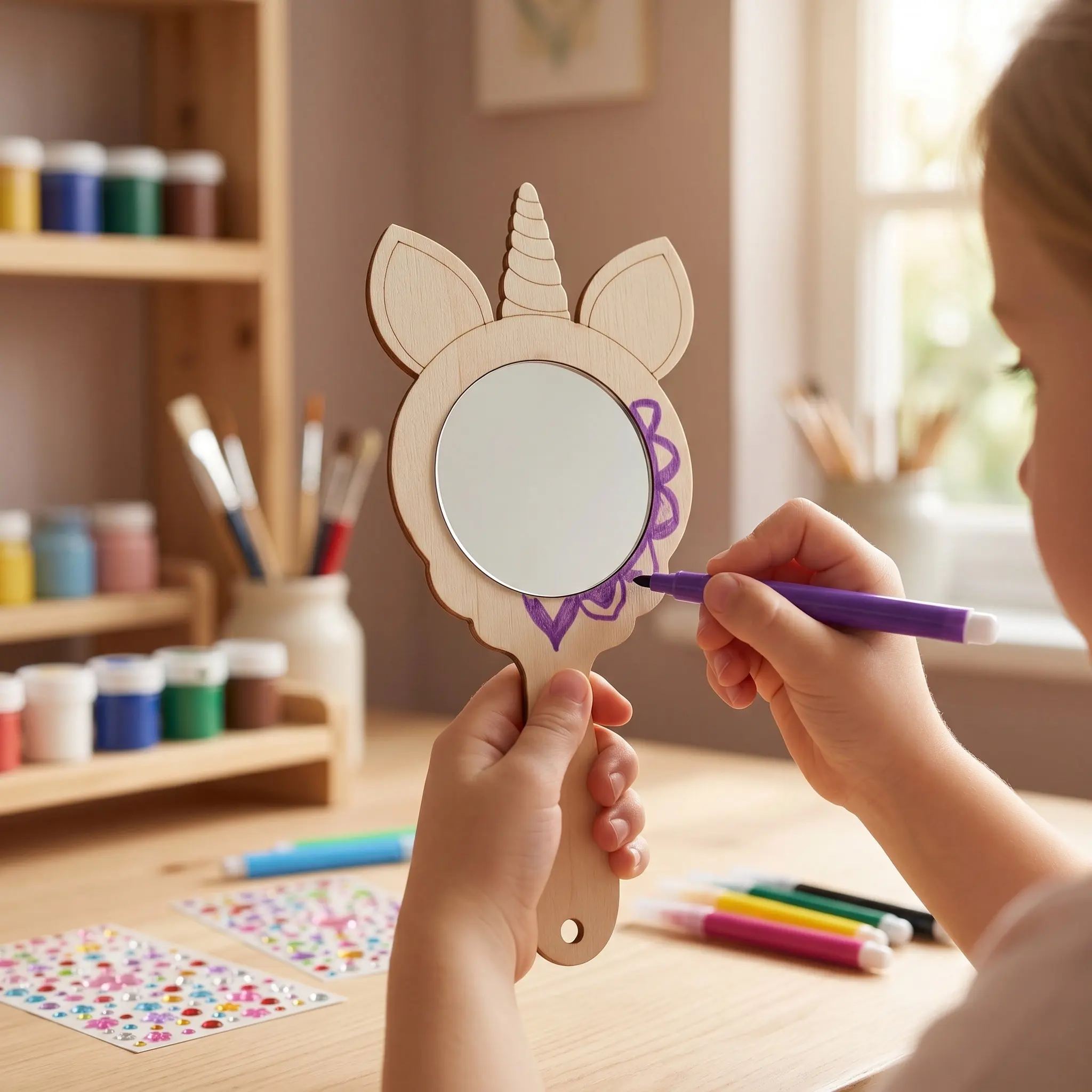 1Set Mini Wooden Unicorn Mirror Unfinished DIY Handheld Painting Craft Accessory Kids Small Decorative Handmade Creative Hand