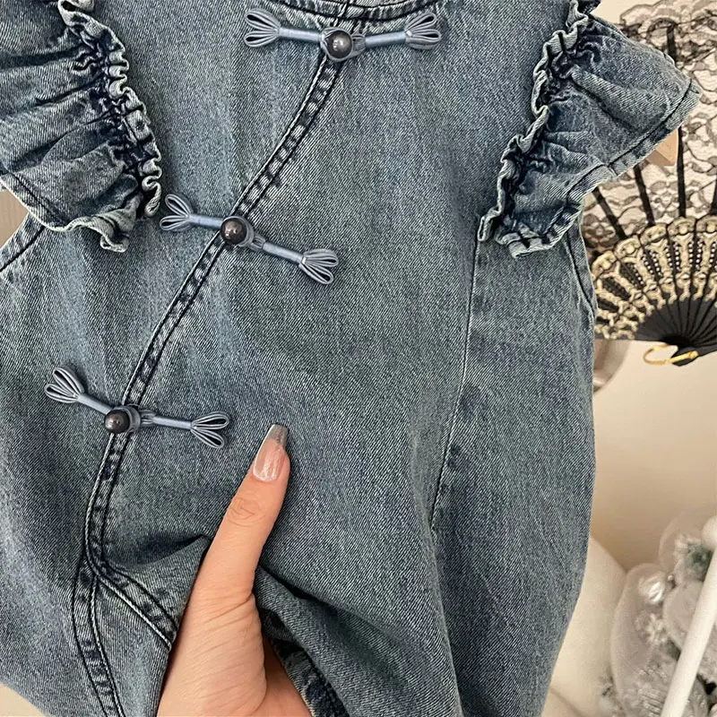 Robe d\'été en fibre de bois pour filles de 2 à 7 ans, vêtement en denim, couleur unie, nouvelle collection