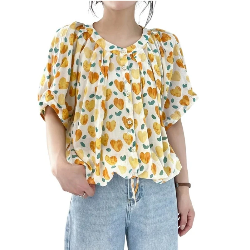 

Summer New O-Neck Shirts Short Sleeves Heart Printing Loose Sweet Breathable Casual Prairie Chic For Female Blouses blusas mujer