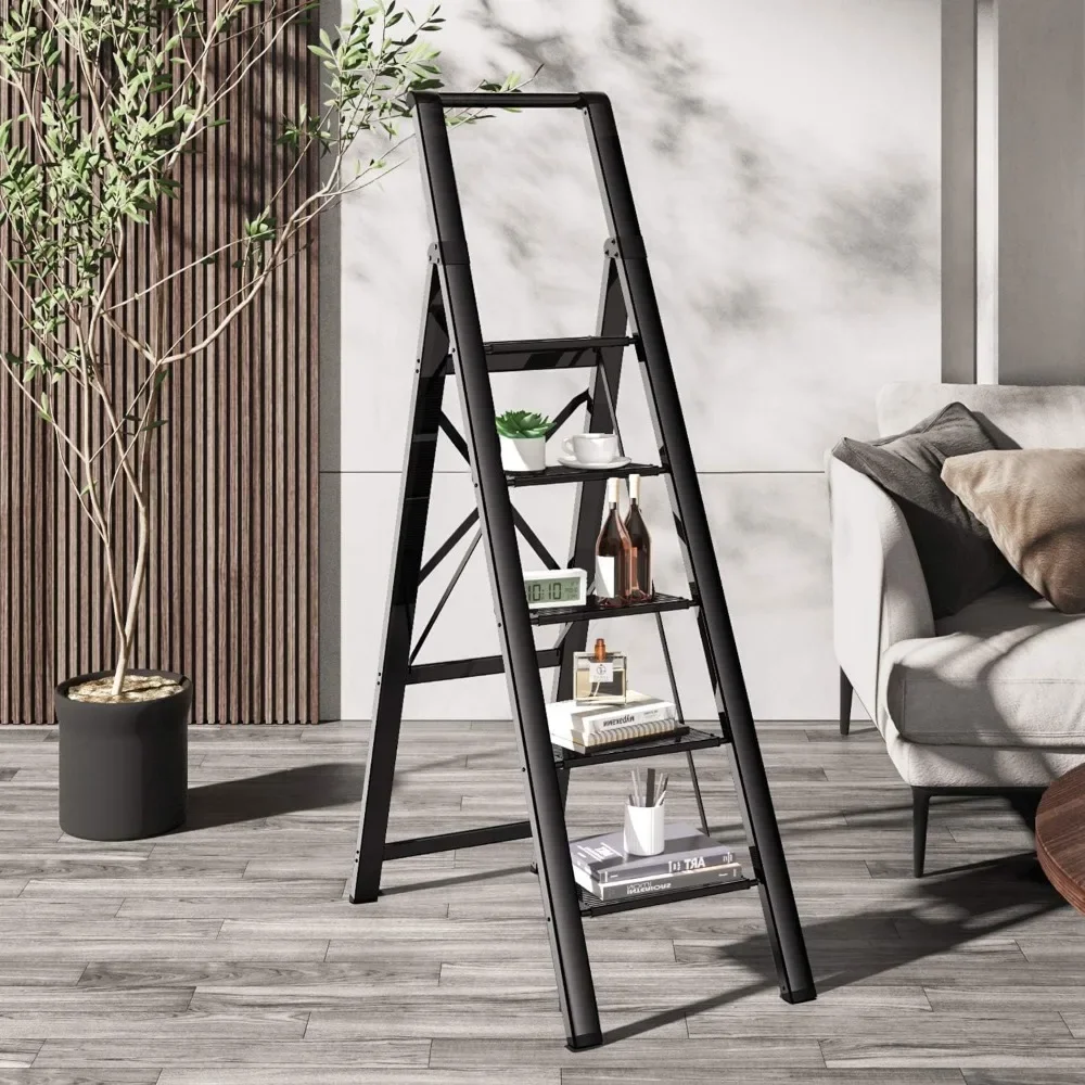 Telescopic Ladder Stool 5 Steps Lightweight Aluminum Ladder Folding Step Stool Stepladders With Anti-Slip Portable Stairs Home