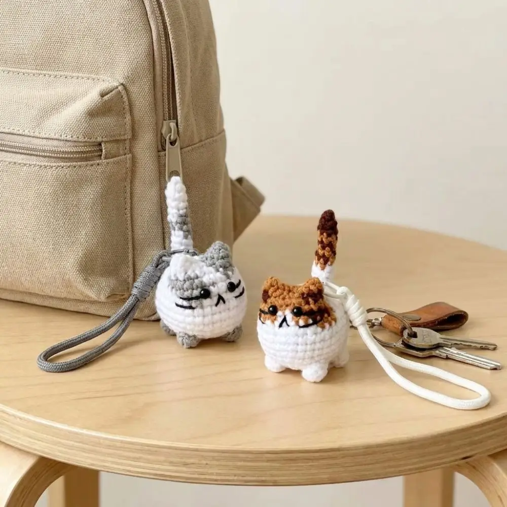 Handwoven Hand Crochet Cat Keychain Soft Cute Animal Small Cat Keychain Multi Color Braided Strap Cat Wrist Carry Charm