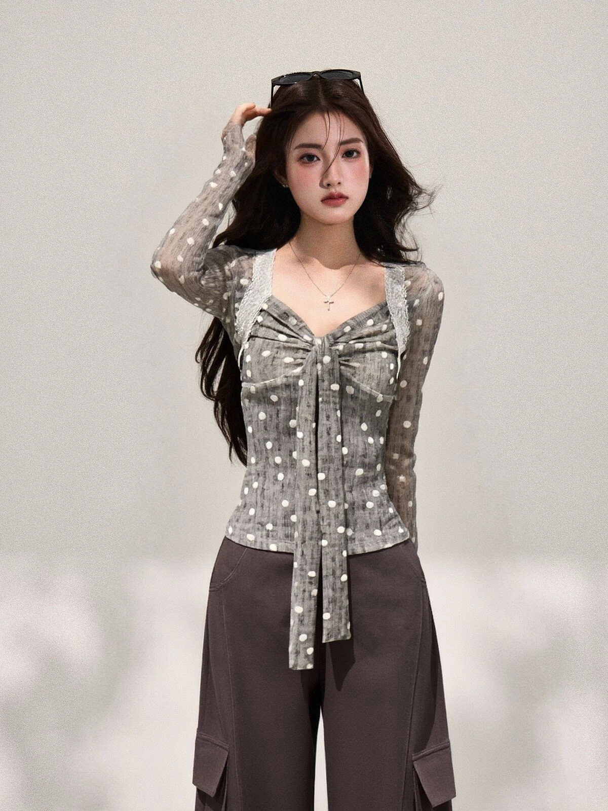 

Polka Dot Splice Long Sve T irt Women's Spring New High Waist Slim Fit Slimming Base Top V Ne Breathable Comfortable