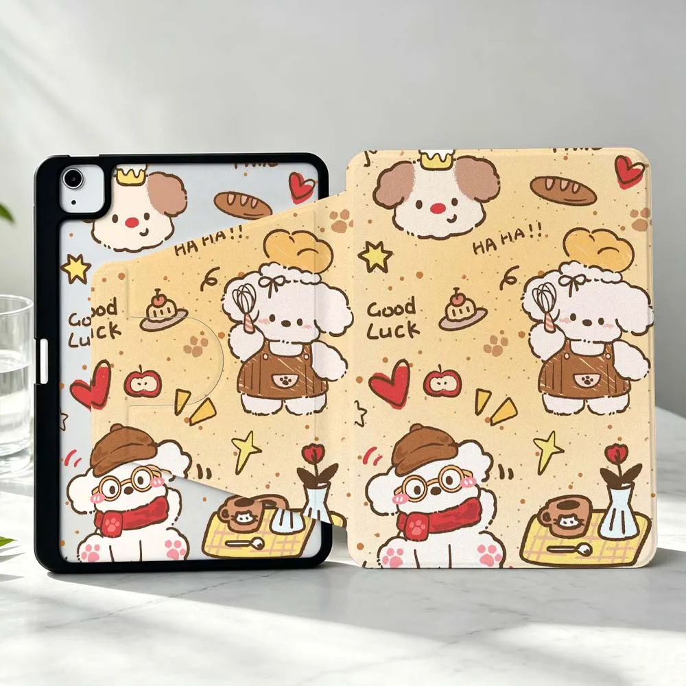 Cute White Dog Pattern Soft For iPad Pro Air mini 6 5 4 12th M5 M4 M3 M2 A16 A17Pro 360° Rotation Stylus Storage Tablet Case
